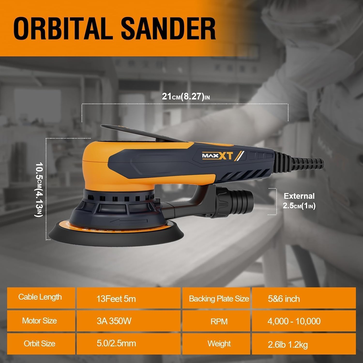 MAXXT 5Mm Orbit Random Orbital Sander - Electric Palm Sander with Brushless Motor, 5 & 6 Inch Sanding Pads, Central Vacuum - Ideal for Woodworking, Wood & Panel Processing (Orange) image number 2