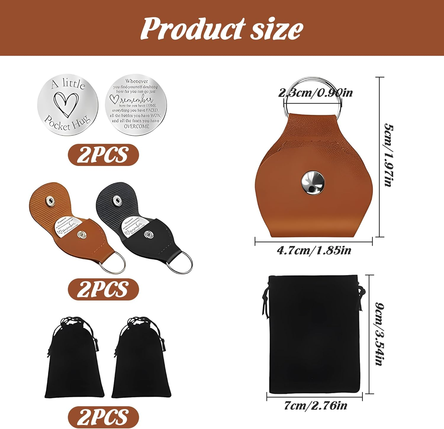 2Pcs Pocket Hug Token Keychain with 2 Gift Bags - PU Leather Gift, Thoughtful Present for Mum, Dad, Sister, Friend, Inspirational Christmas Birthday Keepsake