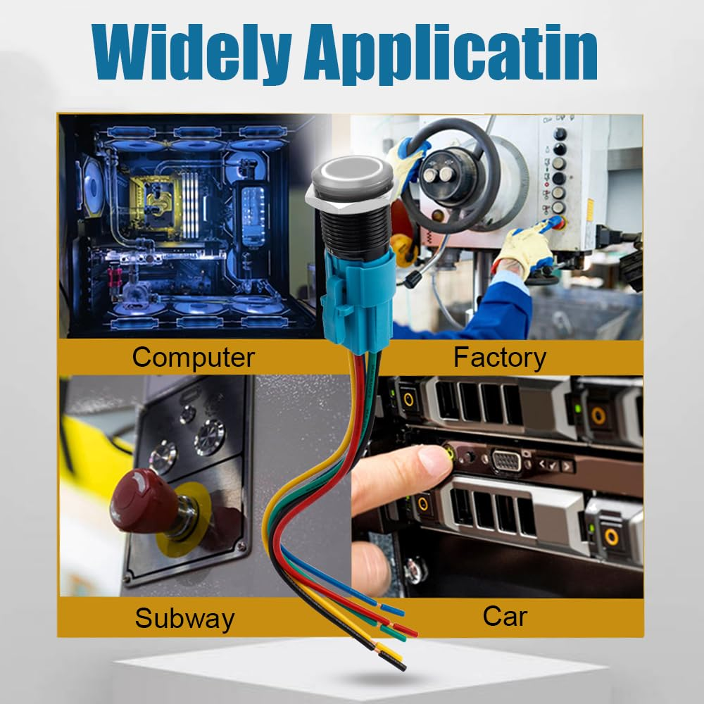 Yakamoz 2Pcs 16Mm Waterproof Latching Push Button Switches, 12V Self-Locking Button on off with Sockets White LED Wiring Harness for Automotive, Marine, Industrial Machinery and DIY. image number 4