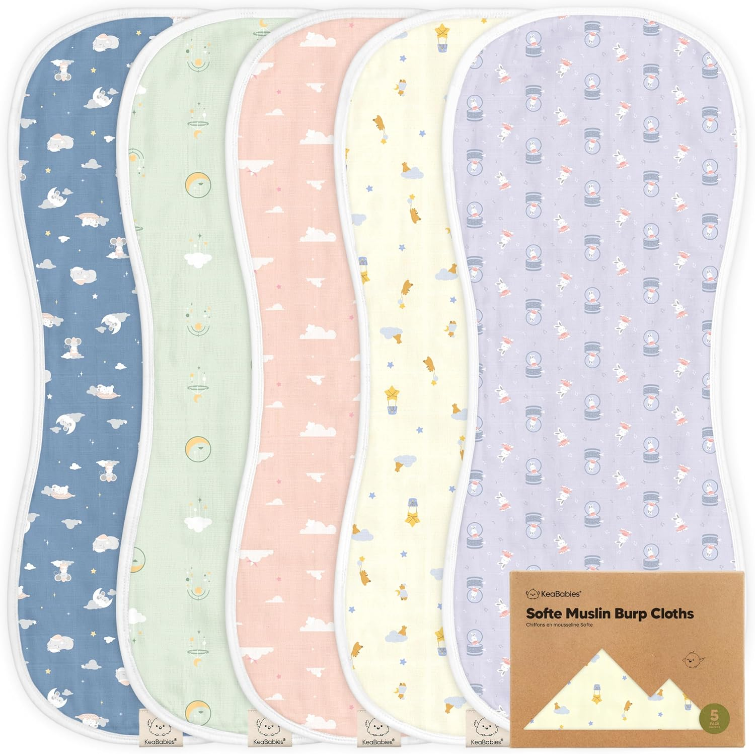 5-Pack Muslin Burp Cloths Baby Boy, Girl - Very Absorbent Baby Burp Cloth Rags, 8-Layers Viscose Derived from Bamboo Cotton Muslin Towel, Super Soft Spit up Rags, No Shrink Washcloths (Beach Day)