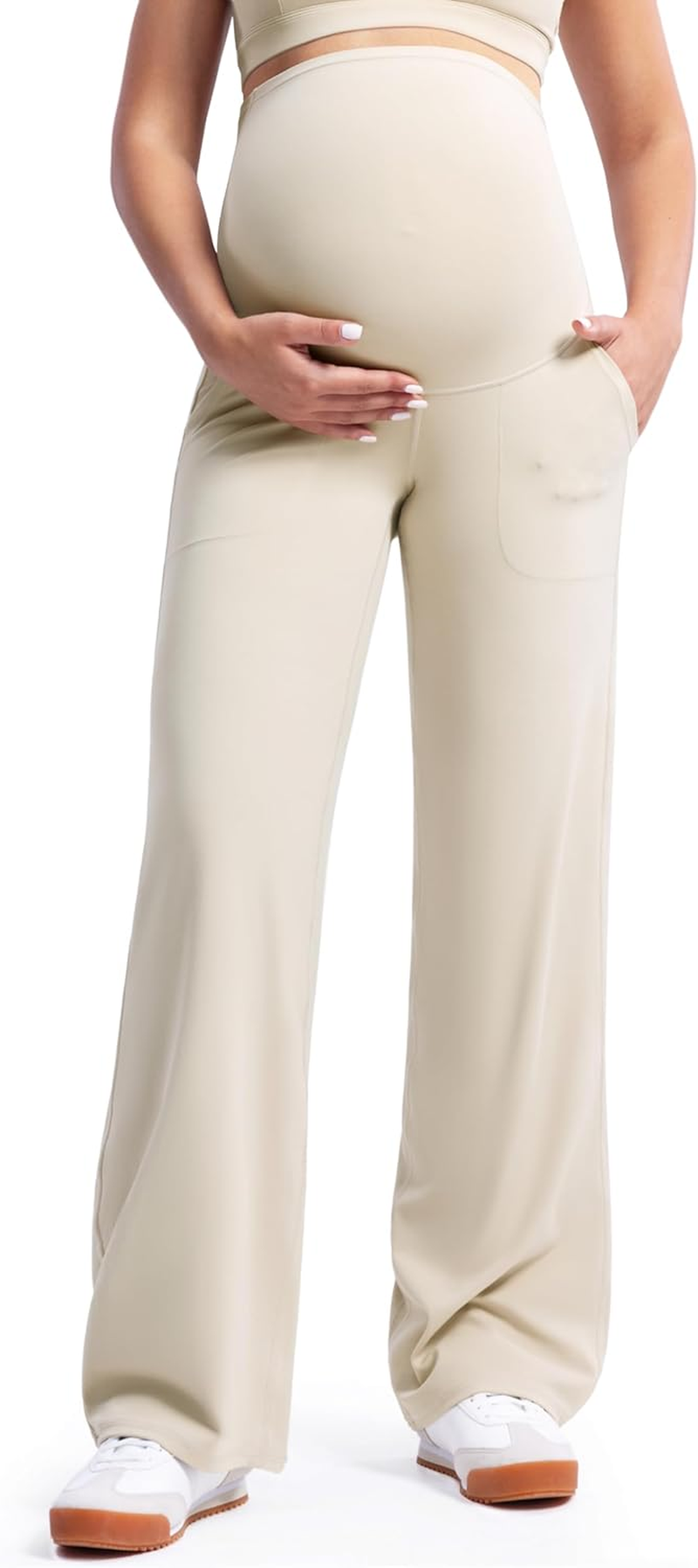 POSHDIVAH Women'S Creamluxe Maternity Yoga Wide Leg Pants Petite/Regular/Tall Pregnancy Work Dress Sweatpants with Pockets