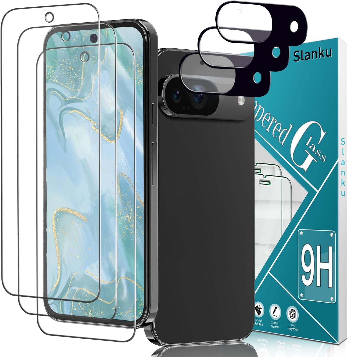 Slanku [3+3 Pack] Screen Protector for Google Pixel 9 and Camera Lens Protector, Fingerprint Compatible, 9H Tempered Glass Film, anti Scratch, No Bubbles