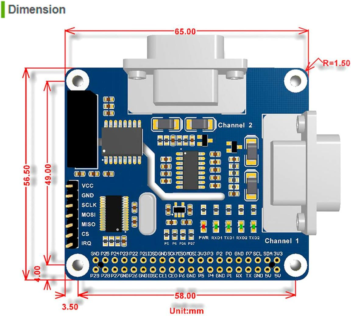 2-Channel Isolated RS232 Expansion HAT for Raspberry Pi 4B/3B+/3B/2B/B+/A+/Zero/Zero W, SC16IS752+SP3232 Dual Chip Convert SPI to RS232 Data Rate up to 921600Bps Embed Multi Protection Circuits image number 5