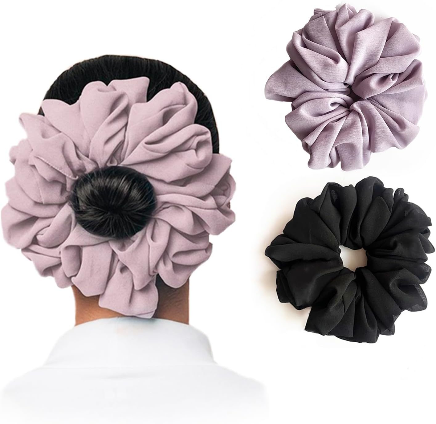 2Pcs Chiffon Scrunchy for Hair Elastic Hair Ties for Thick Hair No Damage Hair Elastics Ponytail Holder Women Chiffon Rubber Band Beautiful Hijab Scarf Hair Large Volumizing Scrunchie Head (Purple Black)