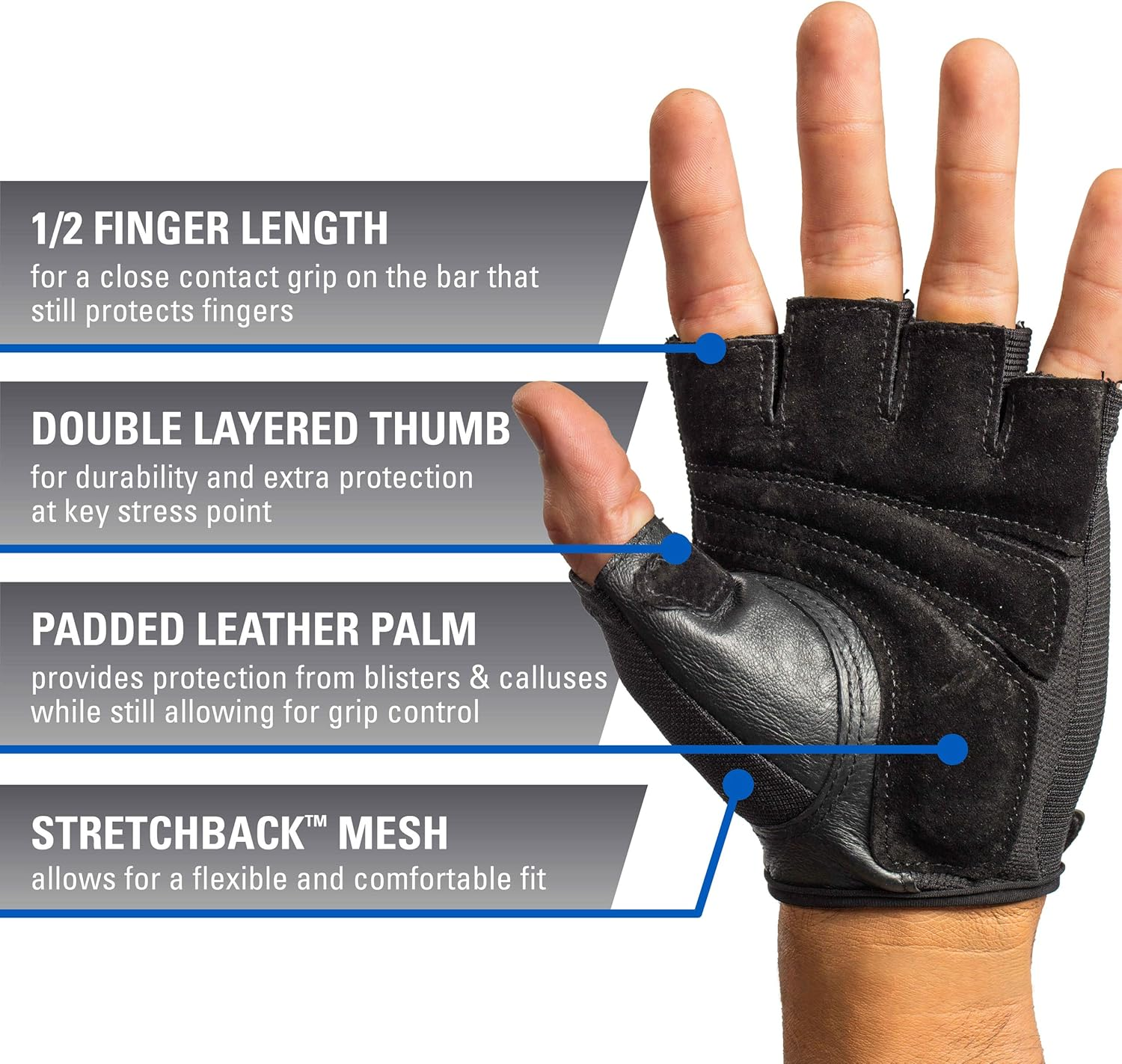 Harbinger Power Non-Wristwrap Workout Weightlifting Gloves with Stretchback Mesh and Leather Palm image number 4