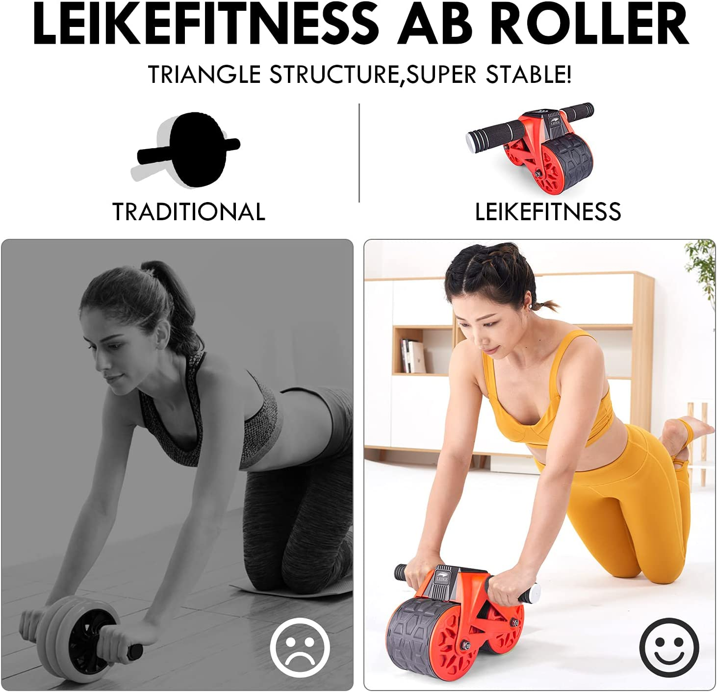 Leikefitness Ab Wheel Roller Automatic Rebound with Knee Pad Mat,Core Muscle Ab Trainer, Ab Workout Equipment for Abdominal Exercise (Red) image number 5