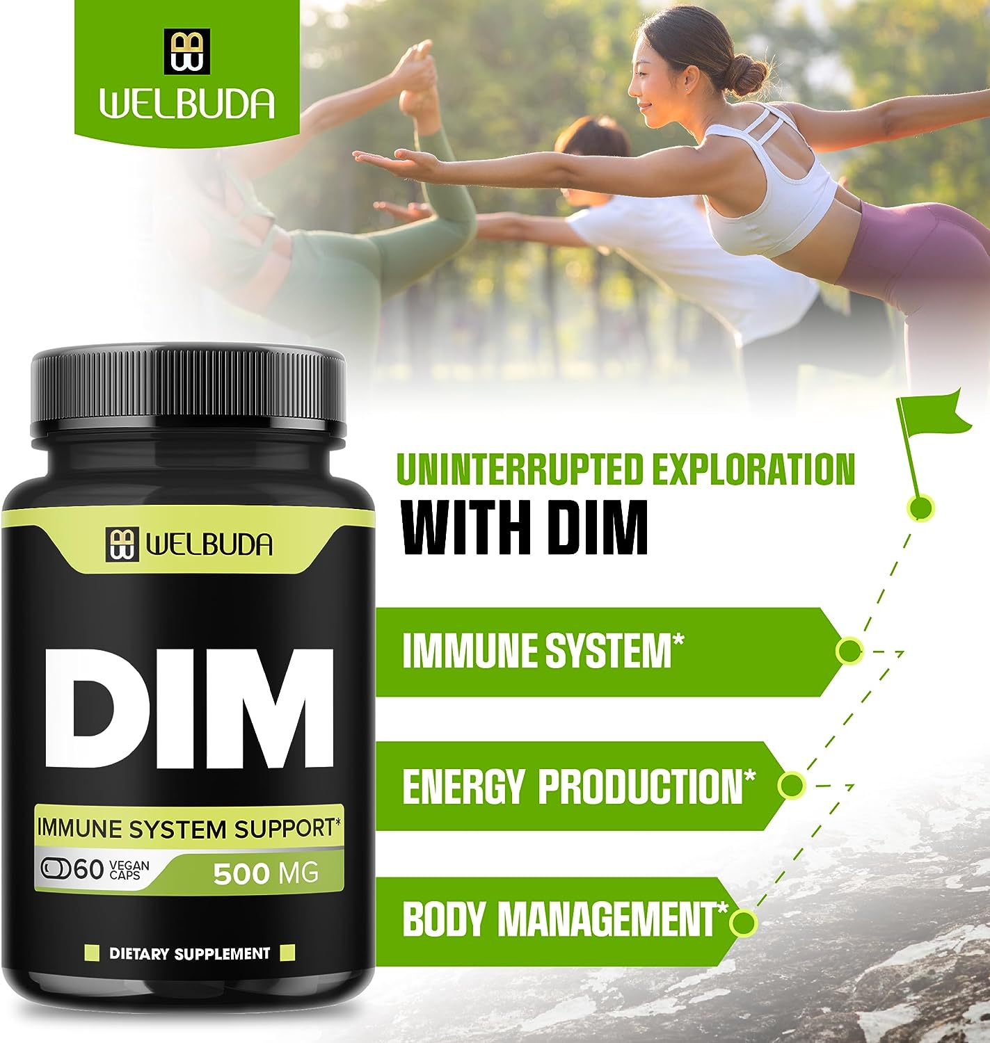 DIM Supplement 500Mg for Vital Body Support, Promoting Skin Health and Energy Production - 2 Month Supply with 60 High Absorption Capsules image number 1