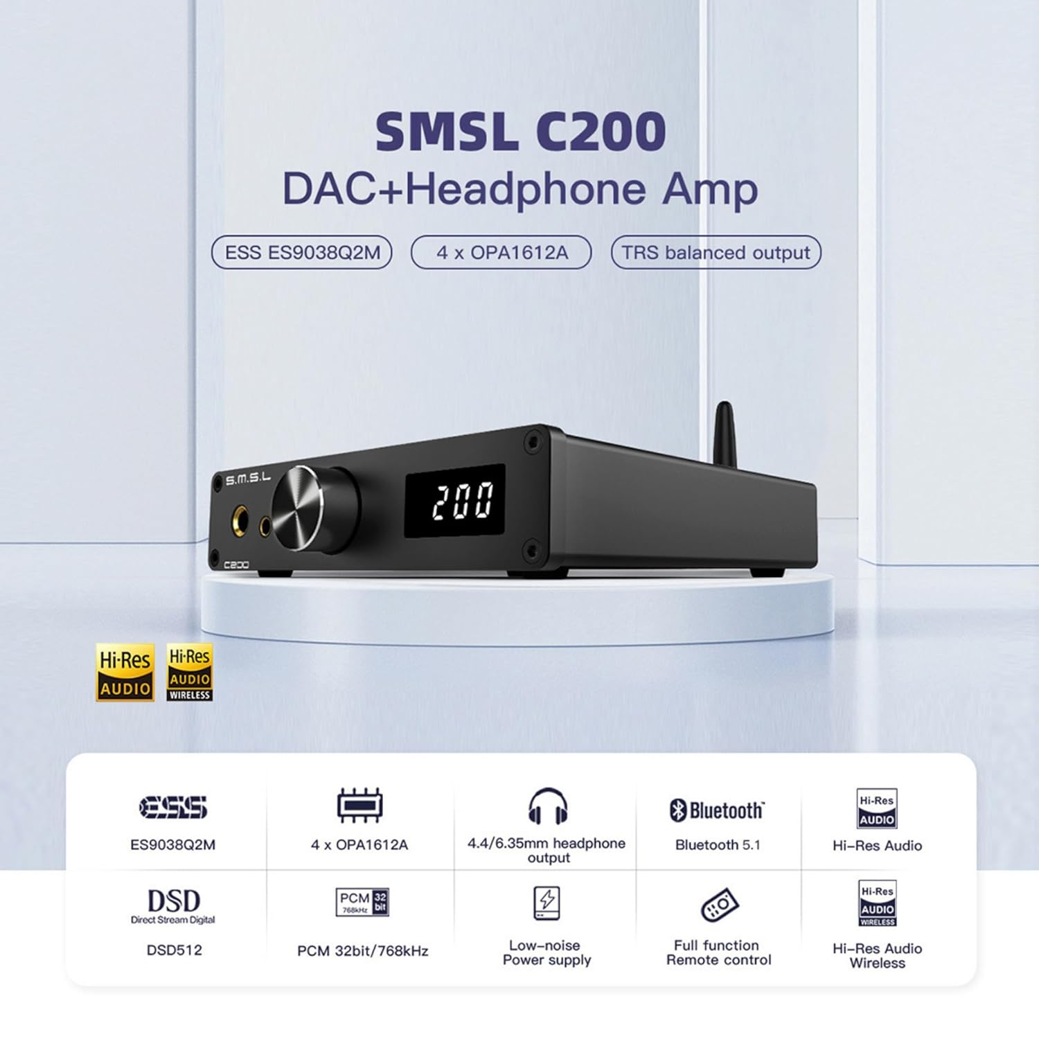 SMSL C200 ES9038Q2M Hifi DAC, Pcm32Bit/768Khz DSD512 DAC, Usb/Optical/Coaxial/Bluetooth 5.1 to 4.4Mm/6.35Mm/Rca/Trs Hi-Res Audio DAC, Digital-Analog Converter, Support PS5, Home Audio DAC with Remote image number 3