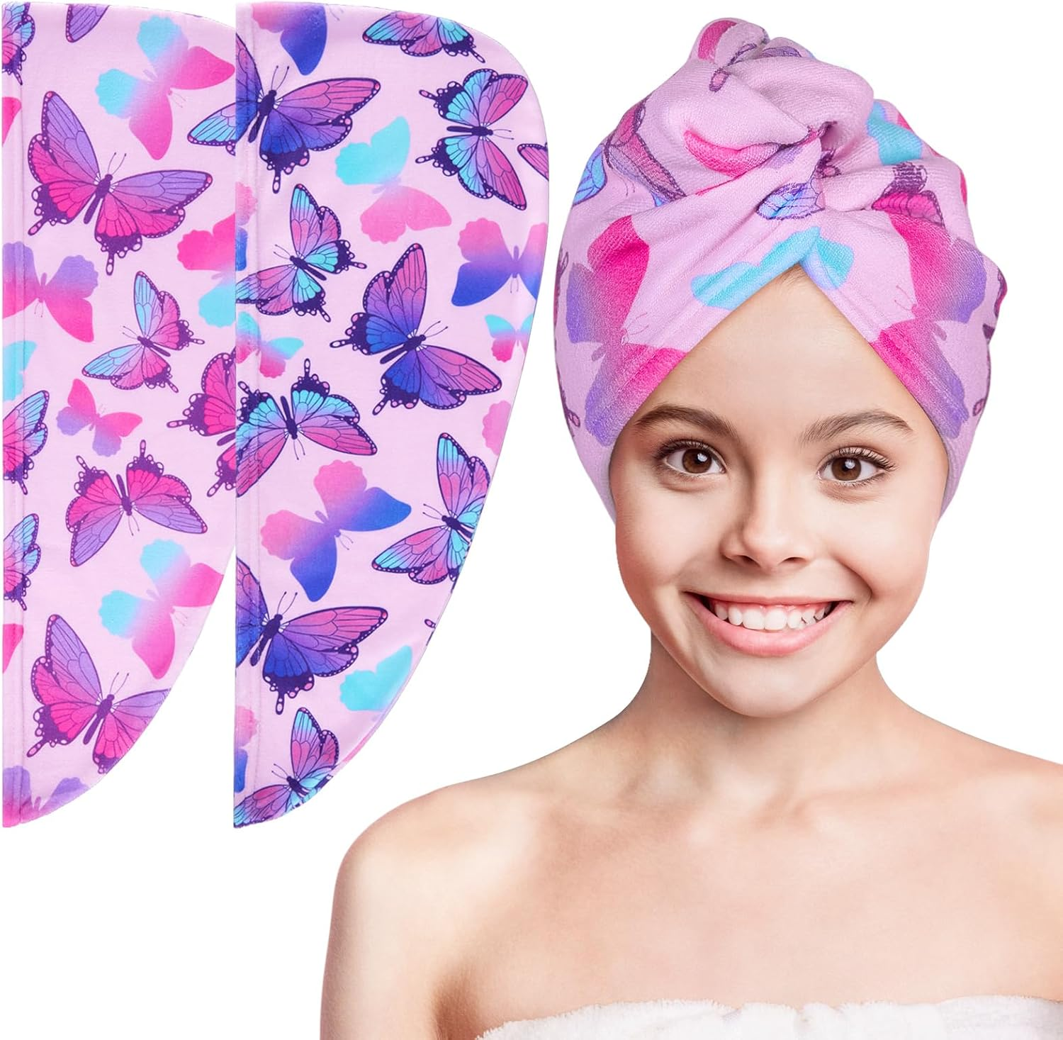 Basumee Microfiber Hair Towel Wrap for Kids 2 Pack Rapid Drying Hair Towel with Button Hair Turbans for Wet Hair Wraps Head Towel Wrap for Women and Girls, Flower