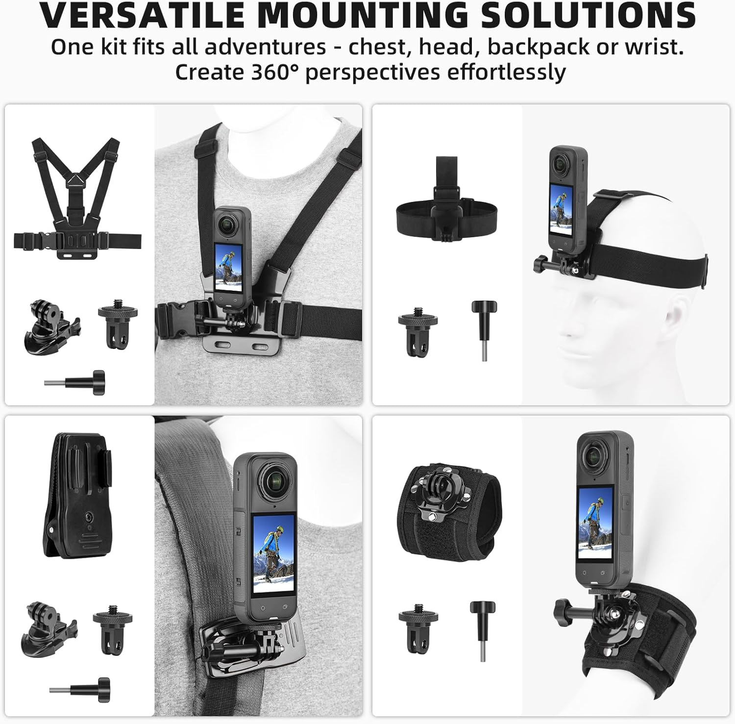 BRDRC Accessories Kit for Insta 360 X5 X4, Chest Mount Head Strap Harness Backpack Clip Holder Wrist Strap, 360&deg;Rotating Adapter + Quick Release for Insta360 One X5 X4 X3 X2 X Camera Accessory Bundle image number 2