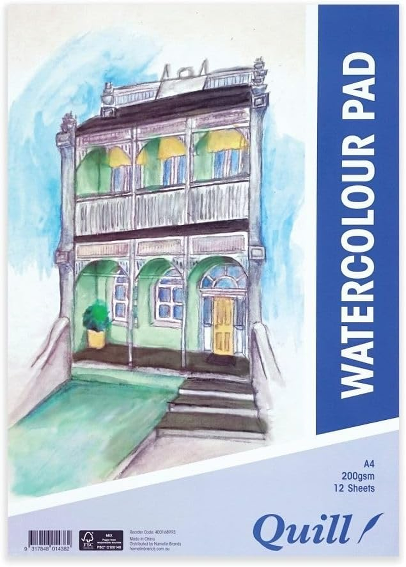 Quill, A4 Watercolour Pad, 200Gsm, 12 Sheets, Portrait Orientation