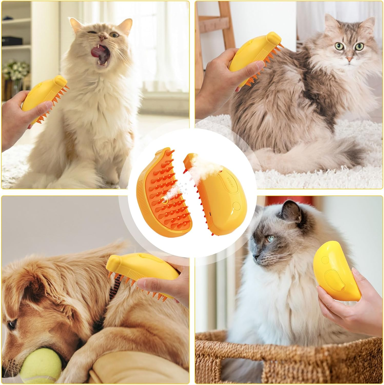 Steamy Cat Brush with Steamy Pet Brush Dog Cat Brush with Water Steam Brush for Cats Dog Pet Spray Massage Comb Cat Comb with Steam Pet Comb Fur Brush Cat Hair Brush Yellow