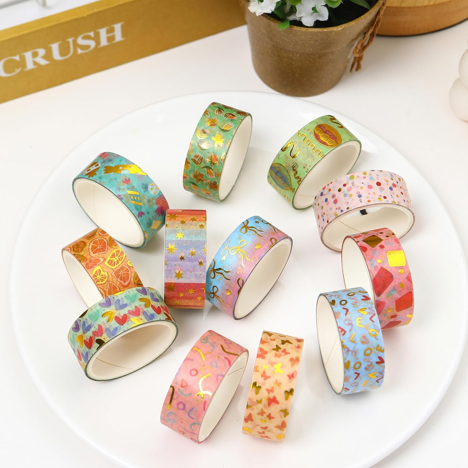 Songdao 12 Rolls Charming Washi Tape Set Gold Silver Foil Detailing Arts Adhesive Tapes Basic Patterns Decorative Masking Tape Sets for Craft, Kids, Scrapbook, DIY, Gift Wrapping (Whimsical Pastels)