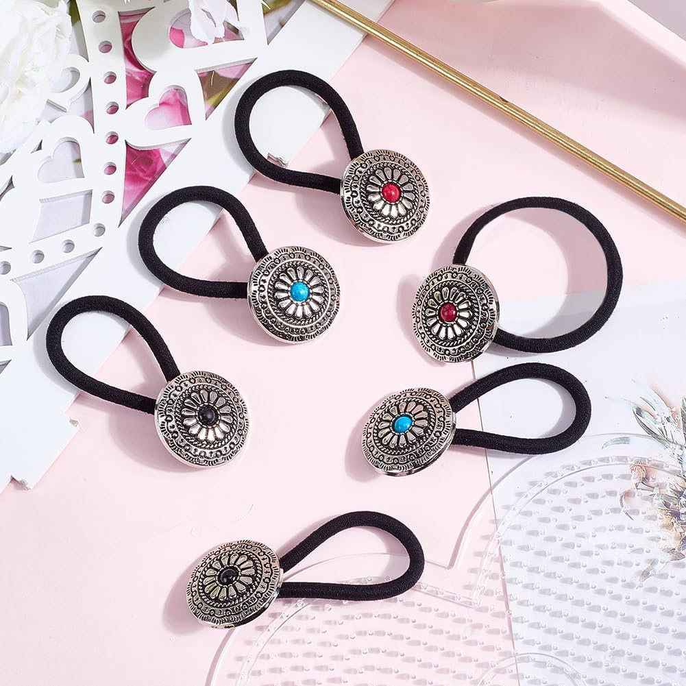 CABODYALS Pack of 6 3 Colours Vintage Squash Blossom Hair Bands Ropes Western Style Metal Ponytail Holder Boho Turquoise Cowgirl Elastic Decorative Hair Scrunchie Bracelet with Box for Women Headpiece
