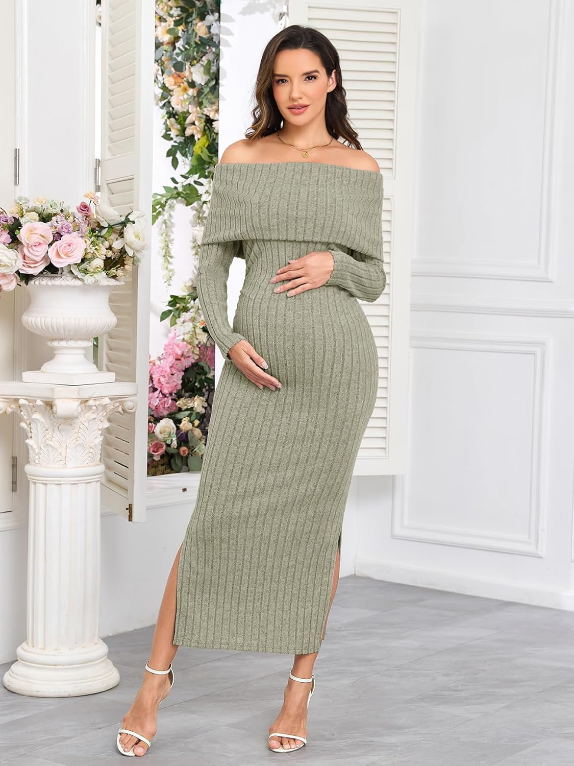 Maternity Sweater Dress off the Shoulder Rib Knit Long Sleeve Dresses with Side Slit for Pregnancy Baby Shower image number 4