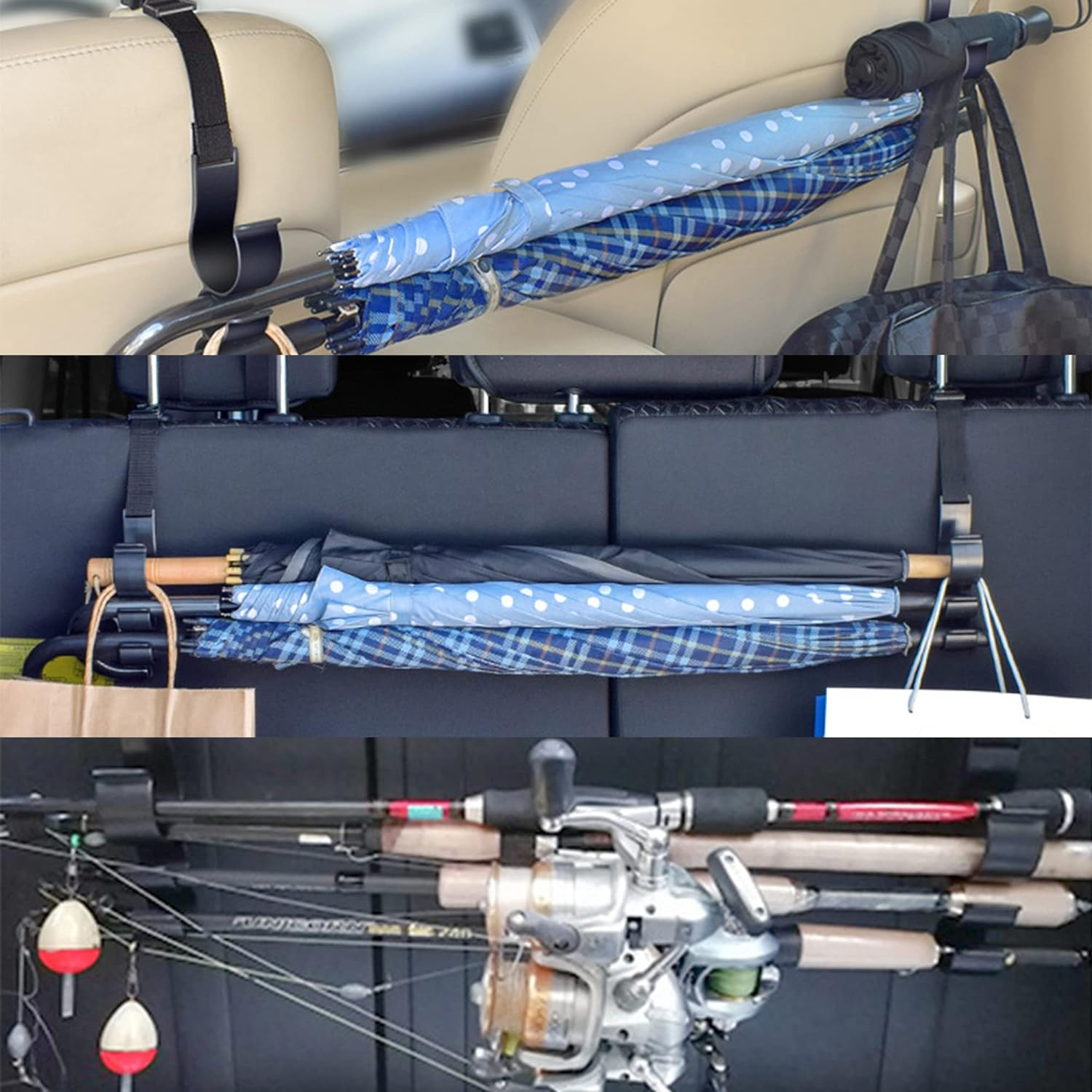 Car Seat Headrest Hook - Universal Durable Automotive Seat Back Organizers/W 3 Hooks Vehicle Storage Hanger for Purse Handbag Coat Grocery Fishing Rod Umbrella Holder (2 PCS)