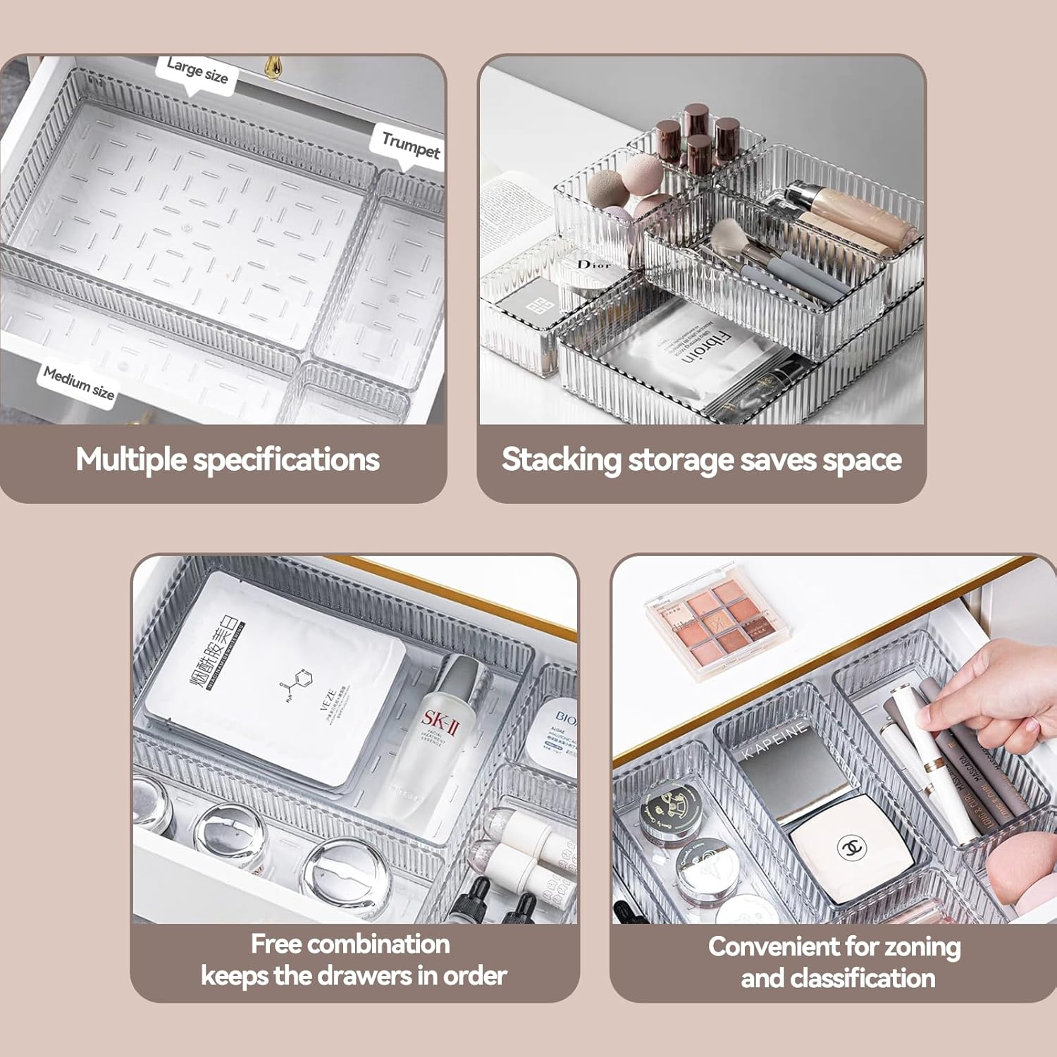 Desk Drawer Organizer 8 PCS Clear Plastic Drawer Organizers Set 4-Size Stackable Stackable Drawer Storage Containers with Non Slip Base for Makeup Office Kitchen Bathroom image number 3