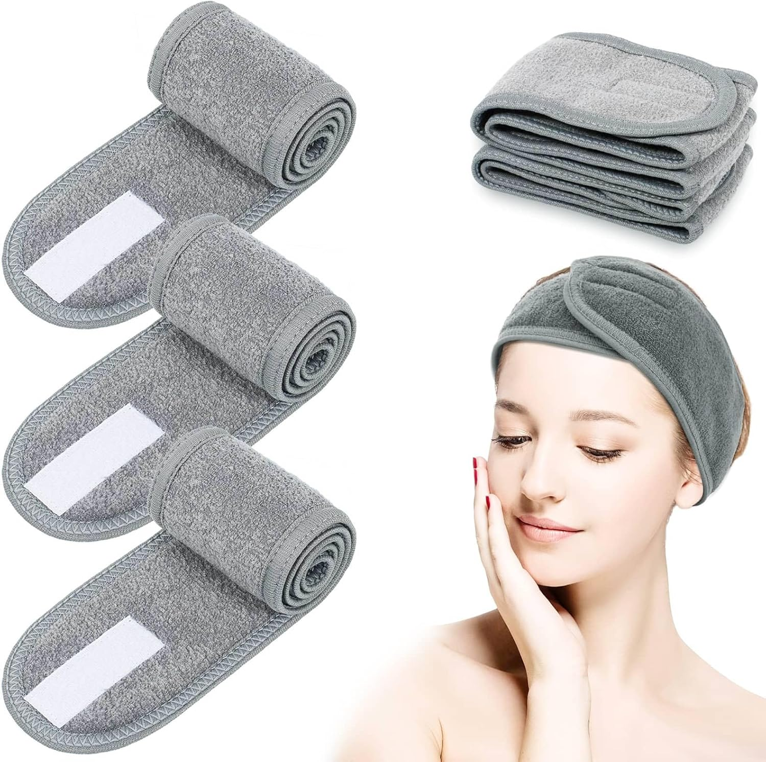 4 Pack Spa Facial Headband Head Wrap Makeup Hair Band Women Skincare Adjustable Headband Terry Cloth Stretch Towel for Bath, Makeup and Sport, with Magic Tape (White)