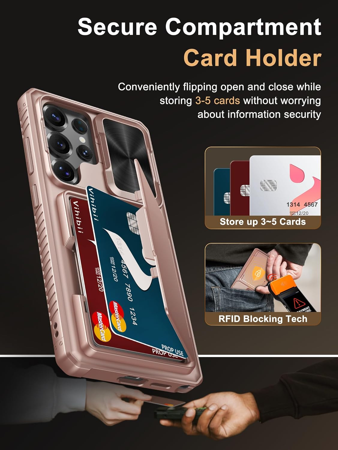 Vihibii for Samsung Galaxy S25 Ultra Wallet Case with Card Holder (4 Cards), [RFID Blocking] & Slide Camera Cover & Raise Screen Edges, Phone Case for Samsung Galaxy S25 Ultra 6.9", Rose Gold