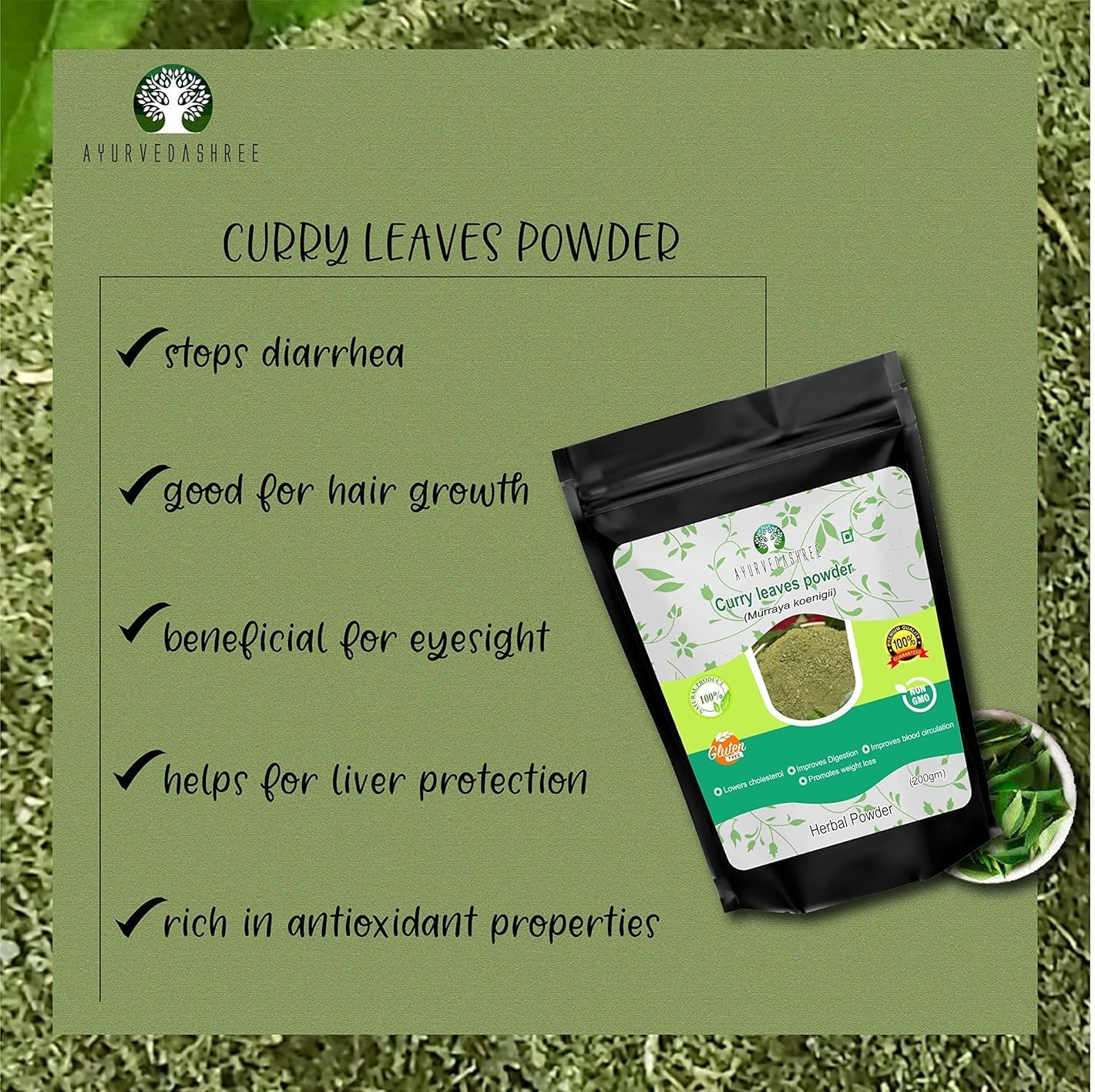 AYURVEDASHREE Curry Leaf Powder 200 Gm | Promotes Hair Growth | Hair Volume | Thicker Hair | Murraya Koenigii | Natural & Food Grade image number 4