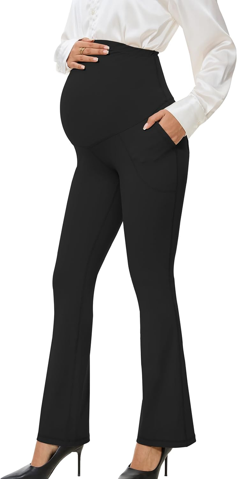 VIMPEP Smooth Feeling Flare Maternity Leggings over the Belly Pregnancy Bootcut Yoga Pants Petite/Regular with Pockets 303
