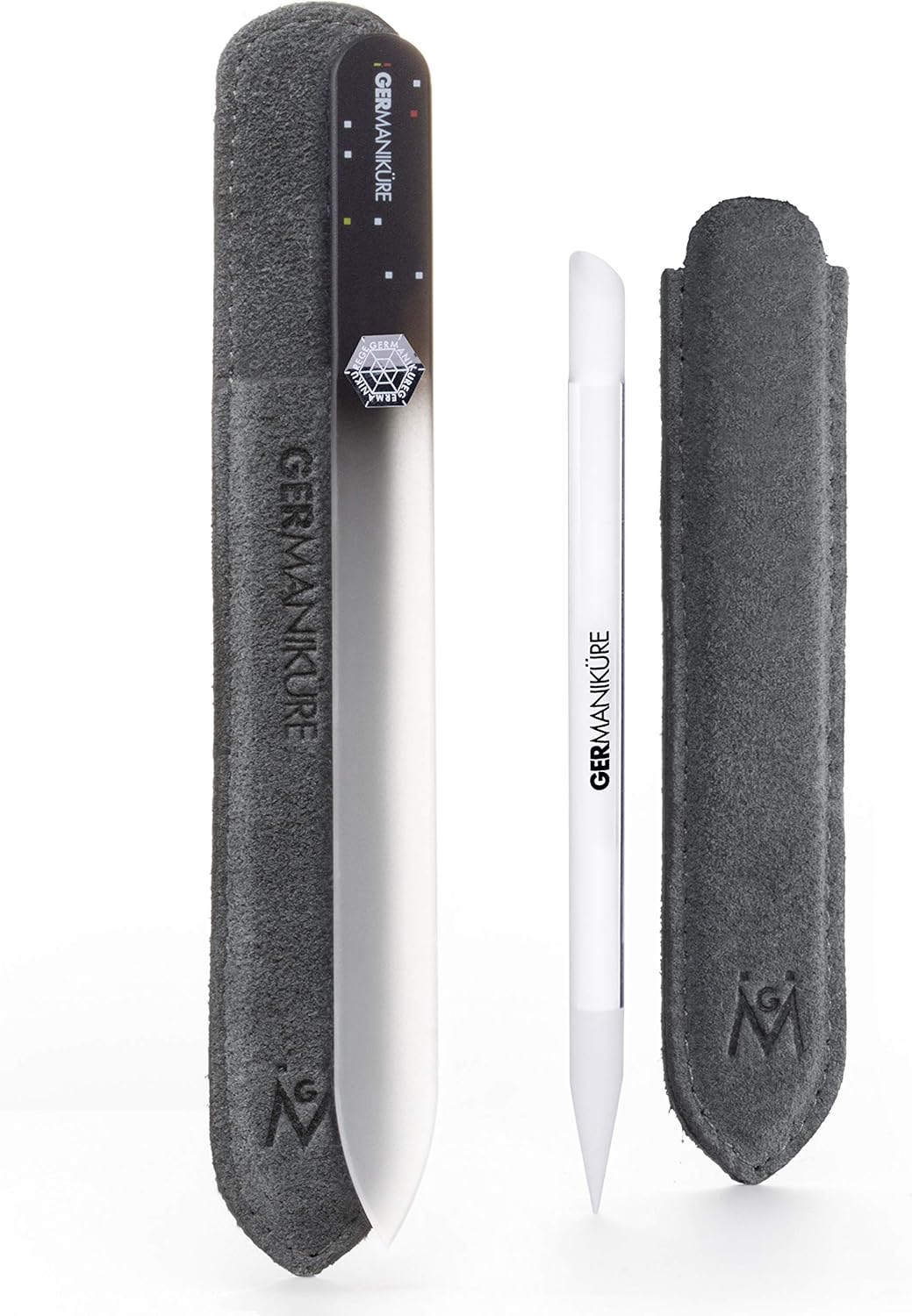 GERMANIKURE Crystal Glass Cuticle Stick & Black Nail File Set in Suede Sleeves &ndash; Handmade in Czech Republic &ndash; Professional Manicure Supplies &ndash; Cuticle Pusher, Callus Remover - Ideal Nail Care Gift
