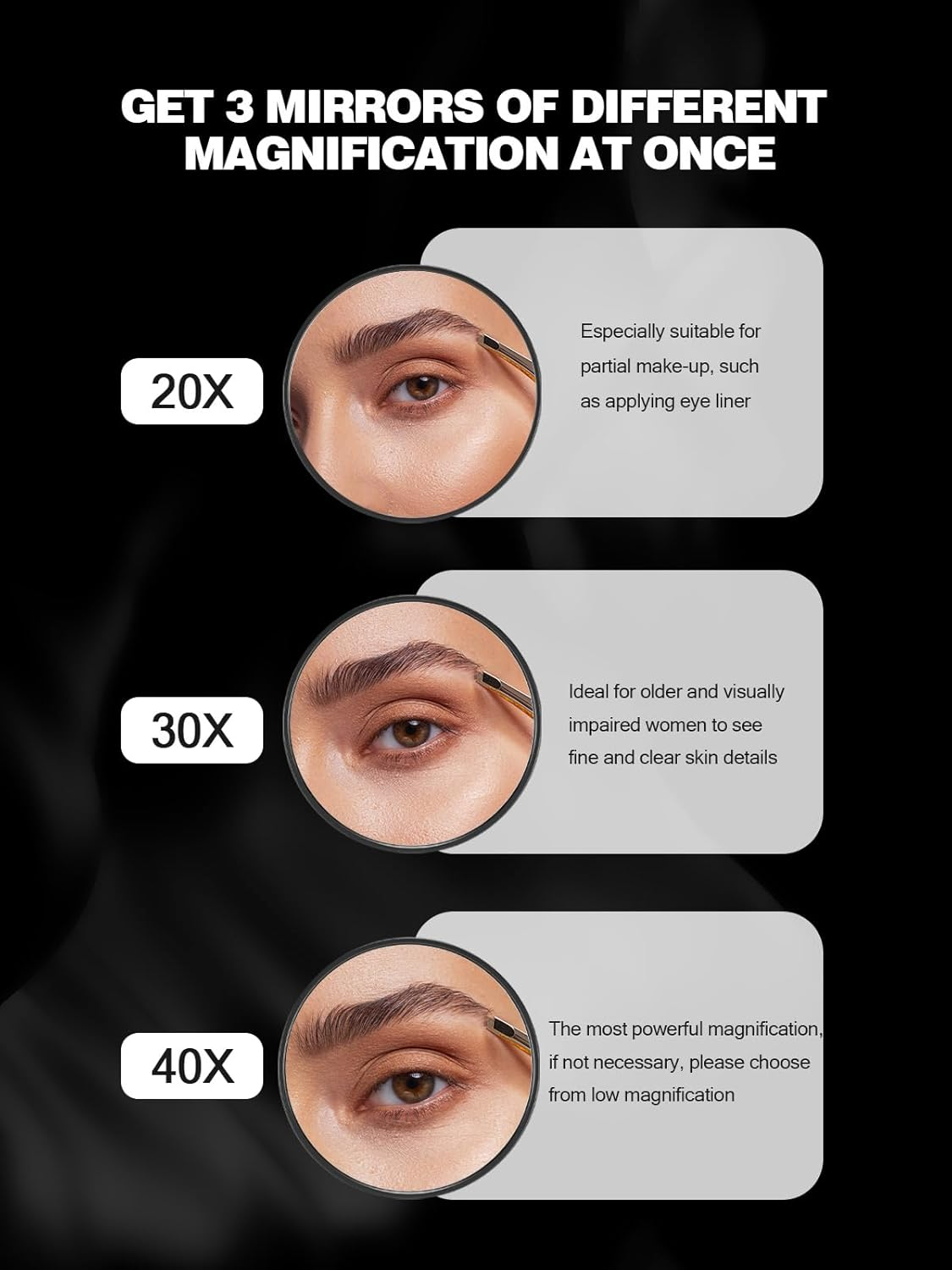 Macaki 20X/30X/40X Magnifying Mirror with Suction Cups and Tweezers Set, 3.5 Inches Travel Magnified Makeup Mirror, Black, 3PCS image number 6