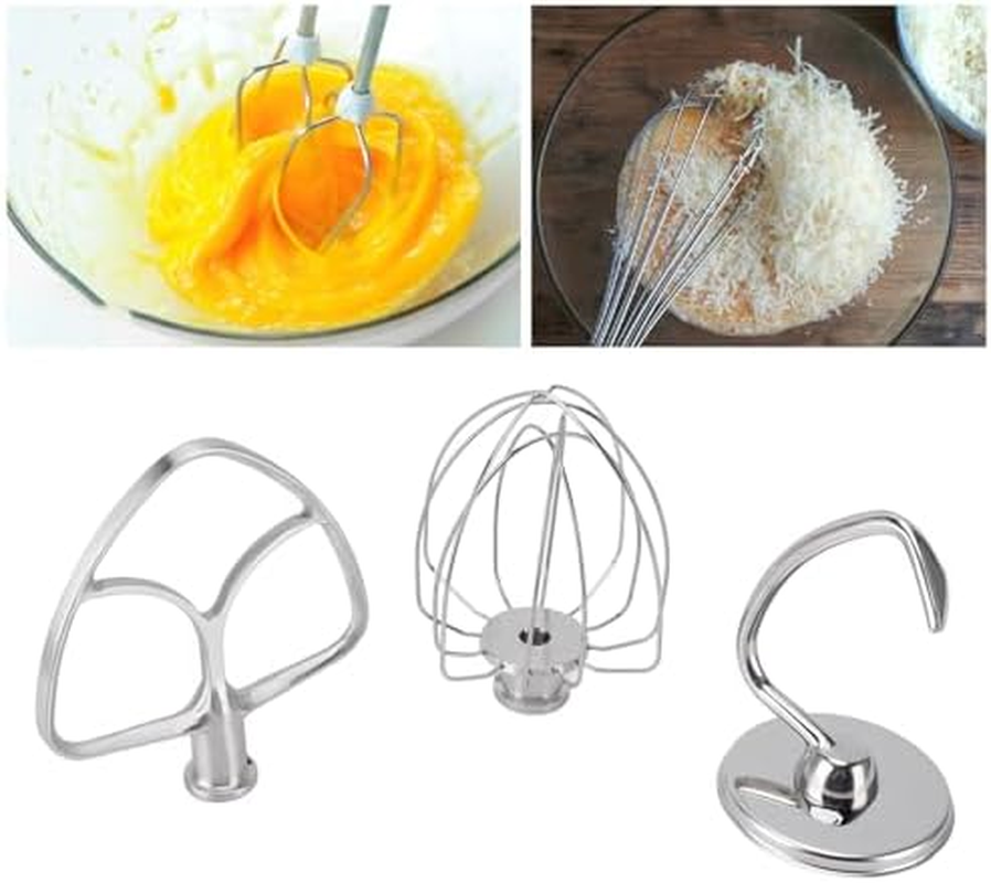 Stand Mixer Attachments 3 Piece Kit, Replace for Kitchen Aid Accessories Wire Whip Dough Hook Coated Flat Blade Paddle, Stainless Steel Tilt Stand Mixer Accessories Kitchen