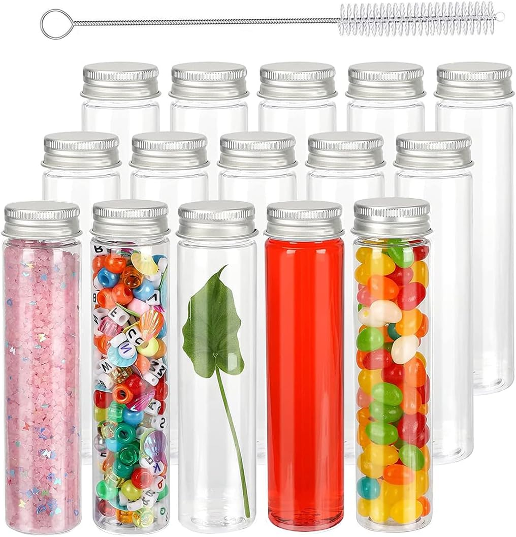 110Ml Clear Bath Salt Tube, 15PCS Plastic Test Tubes a Brush,Plastic Storage Tube with Screw Cap, Flat Bottom Clear Test Tubes for Candy Storage, Party Favors image number 4