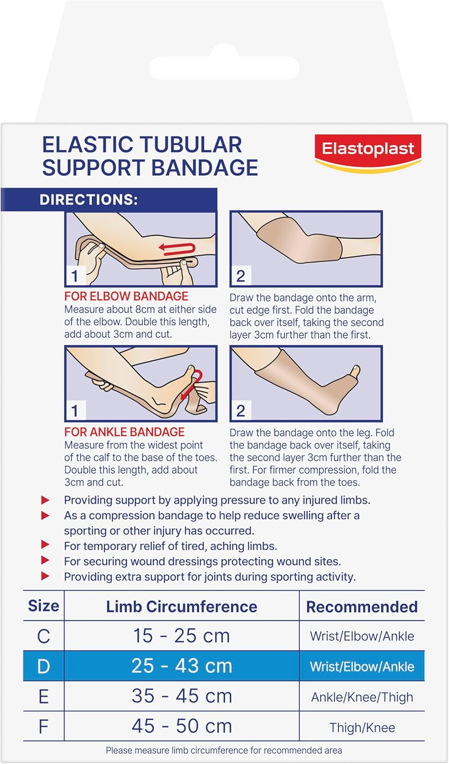 Elastoplast Elastic Tubular Support Bandage Size Medium D (1 Pack) | 1M Length | 25-43Cm Circumference | Suitable for Wrists, Ankles & Elbows | Compression Tube Bandage | Supportive Sleeve