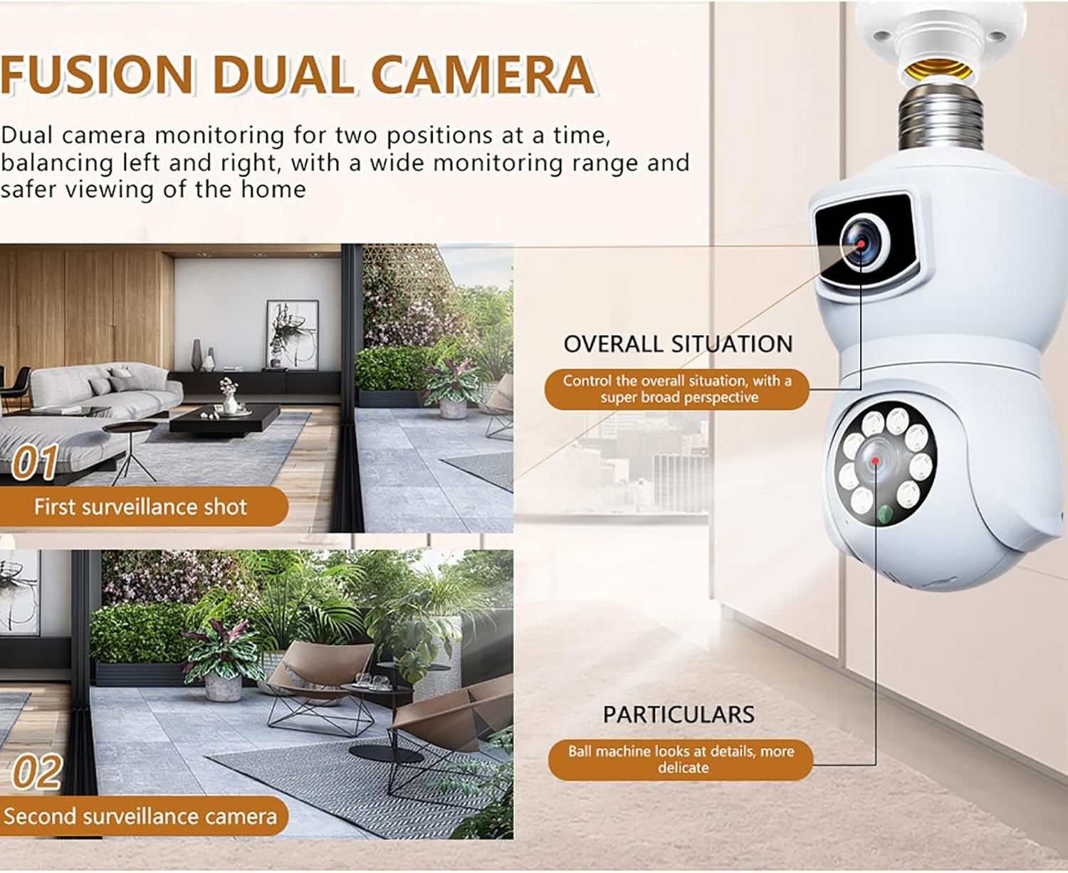 Wifi Dual Lens Security Light Bulb Camera,360&deg;Anoramic Humanoid Tracking Night Vision Motion Detection Cloud Storage IP Surveillance (Black) - Black image number 2