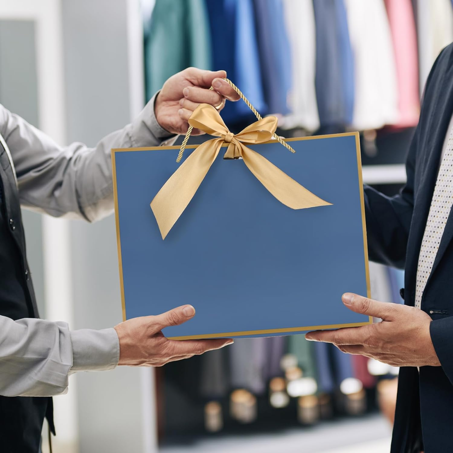 Oundarm 12 Pack 32 X 25 X 11CM Bow Blue Gold Handles Gift Bags with Gold Tissue Papers and Ribbons, Gift Paper Bags Bulk for Bridesmaid Birthday Fathers Day Graduation Anniversary Christmas image number 4