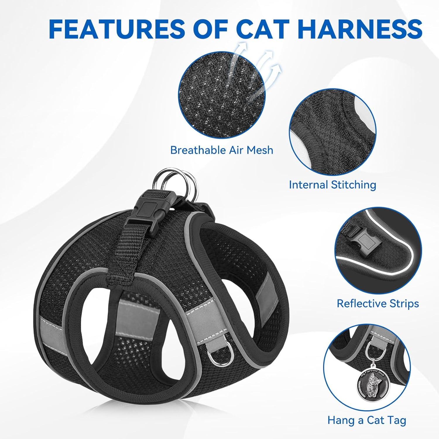 Enjoying Cat Harness and Leash Set, Escape Proof Soft Adjustable Vest Harnesses for Small Cats, Outdoor Walking Travel, Black, XXS image number 4