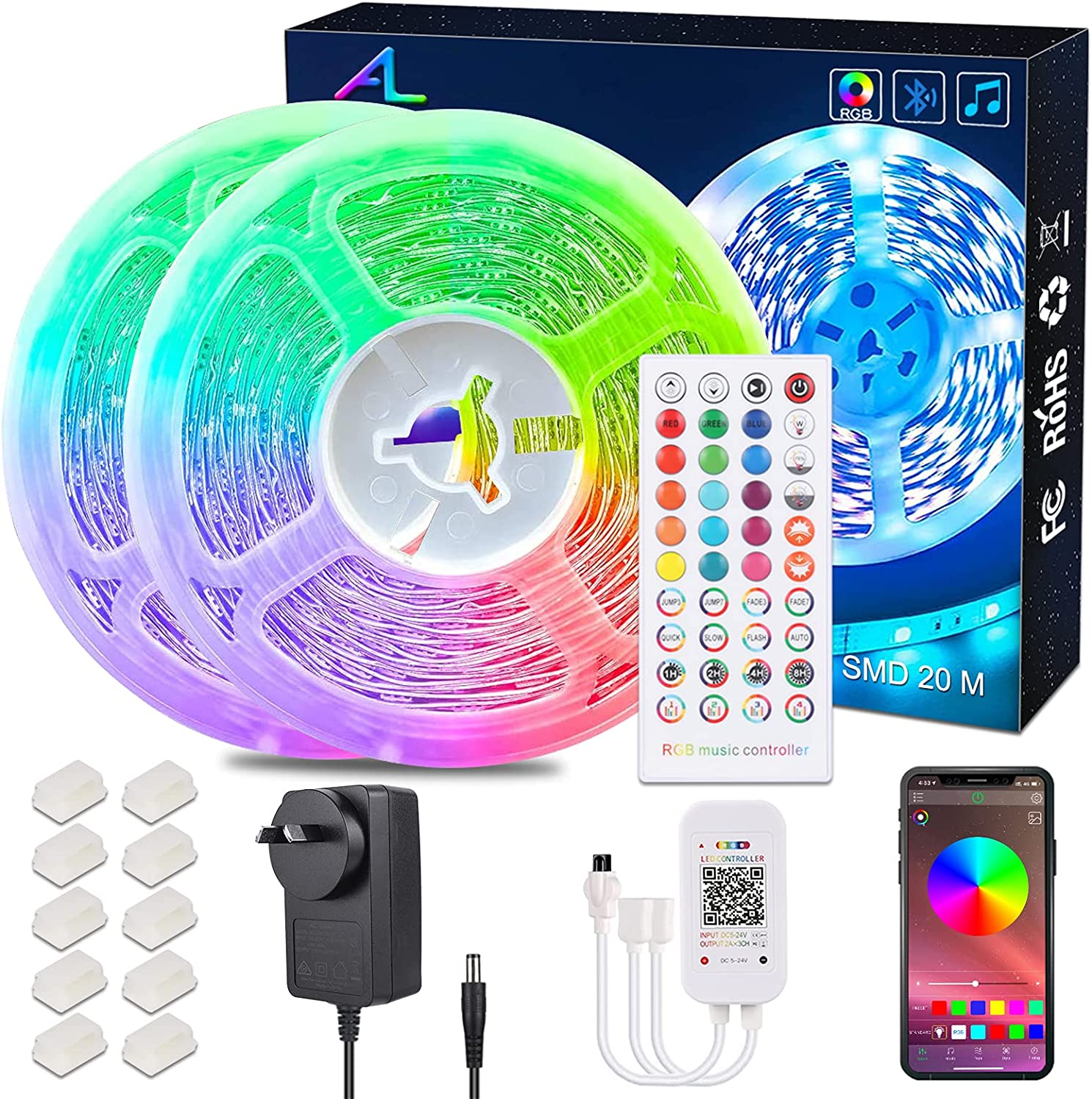 20M Bluetooth Led Strips Light Music Sync ALED LIGHT 2X10M Flexible Color Changing RGB 5050 12V Rope Light Strips Kit with IR Remote&App Control Non-Waterproof for Party,Home,Diy Decoration image number 3