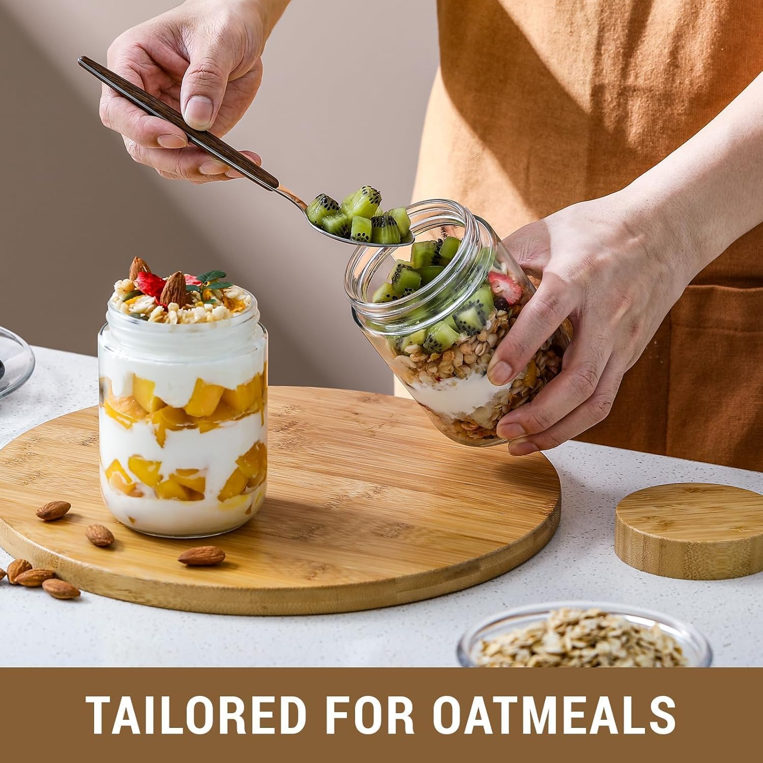 AUMA 4-Pack 16Oz Glass Jars with Airtight Lids, Overnight Oats Containers with Bamboo Lids, Wide Mouth Mason Salad Jars, Glass Food Storage Containers for Snacks Yogurt Spice Sugar image number 6