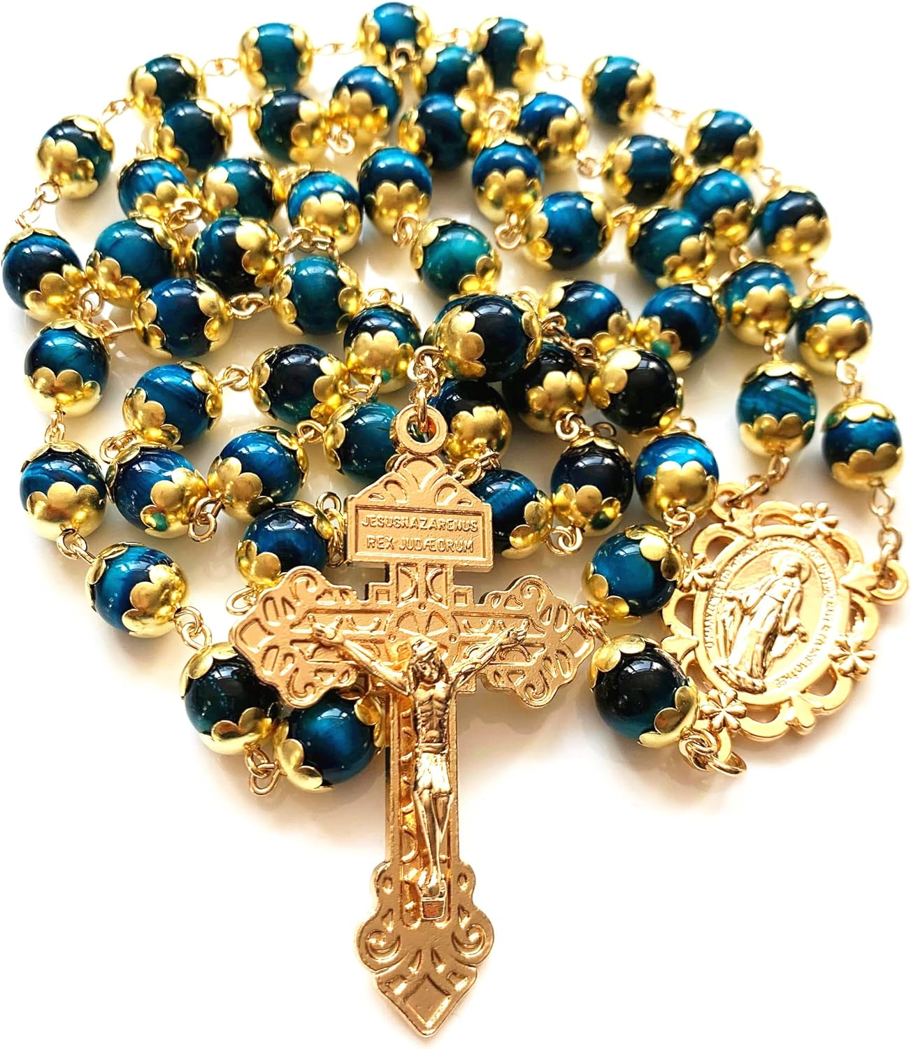 Elegantmedical HANDMADE Tiger Eye Prayer Beads Catholic Rosary Necklace Gift Box Italy Crucifix Gold - Green image number 7