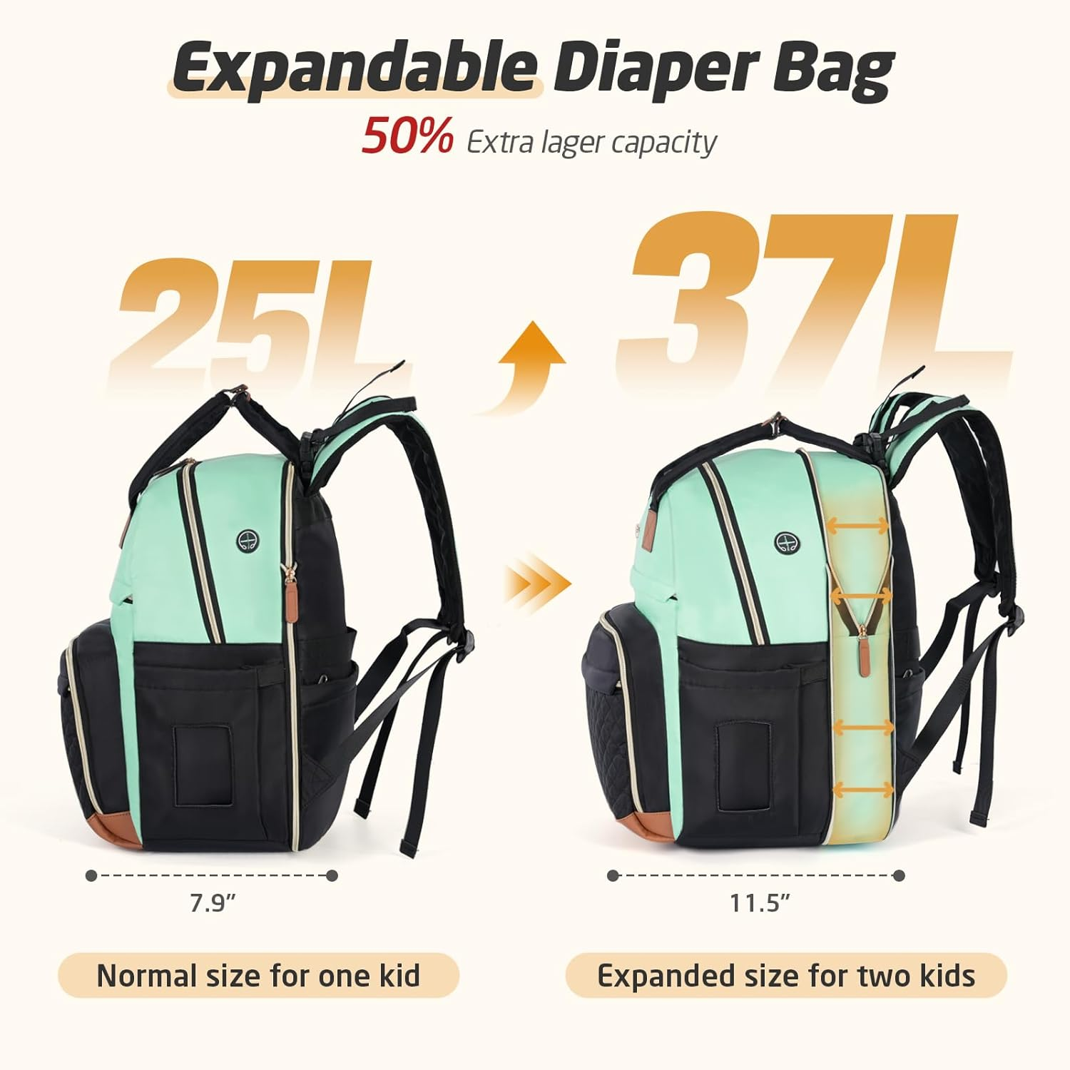 Extra Large Diaper Bag Backpack, Diaper Bag for 2 Kids, Twin Diaper Bag 25-37L Expandable - Apricot  Grey image number 5