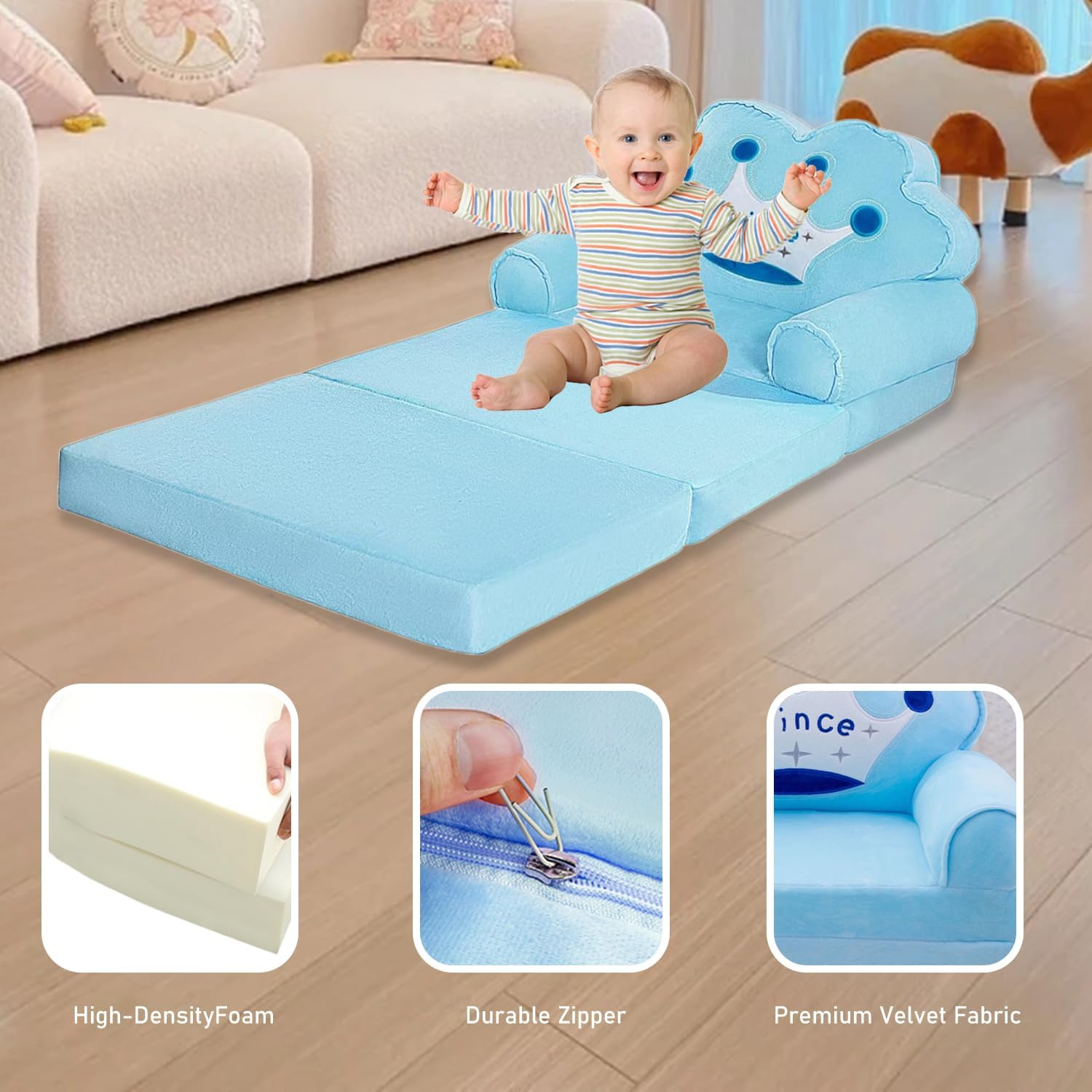 Uandhome Kids Foldable Sofa Bed,Princess Chair for Toddlers 1-3,Cartoon Shape,Baby Sofa Bed Foldable Out Couch for Bedroom,Sofa Bed for Girls (Blue) - Blue image number 2