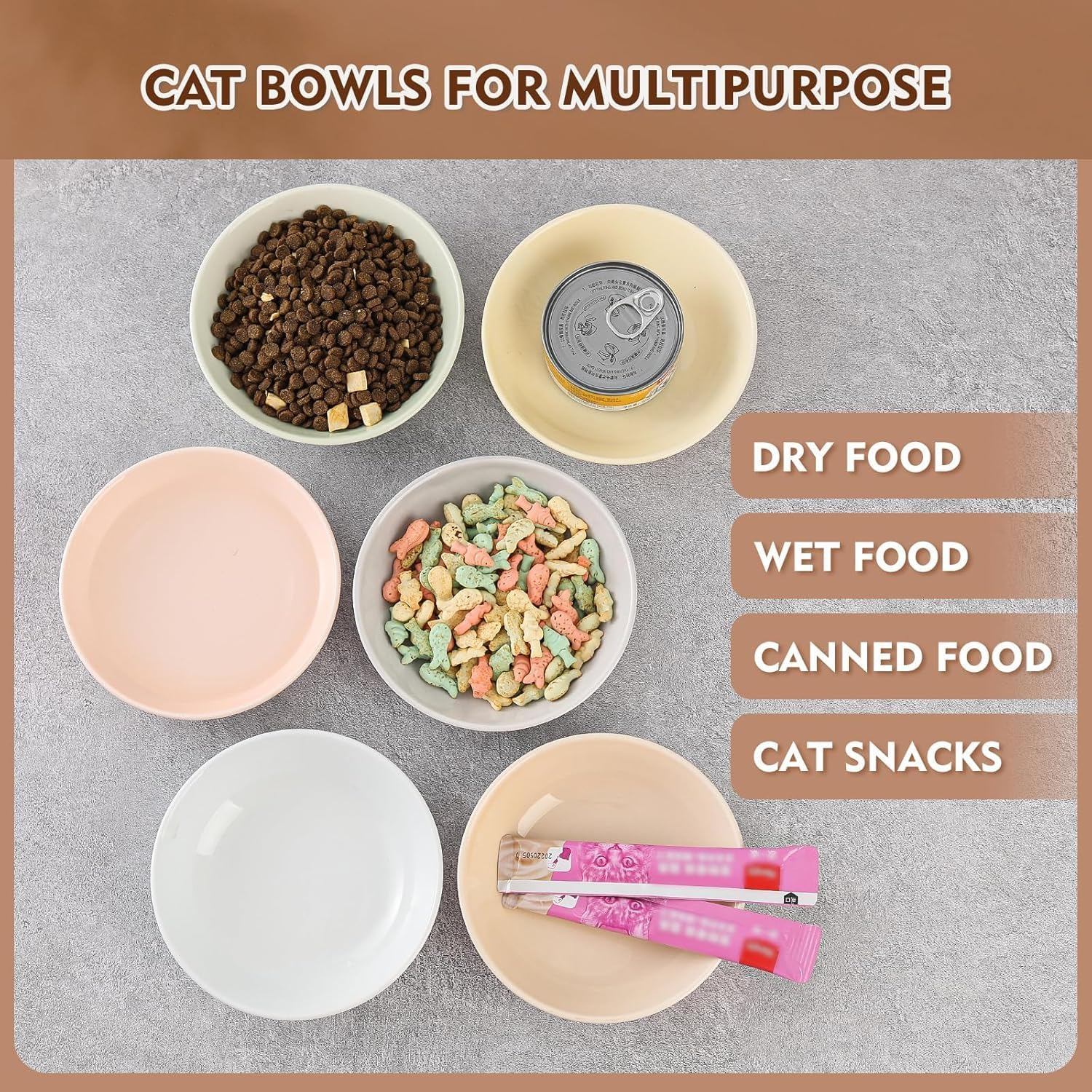 Ceramic Cat Food Bowl Set - Colorful Feeding Bowls with Non-Slip Mat - Wide Shallow Whisker Friendly Plates - Cute Dish - Microwave Dishwasher Safe - 6 Pack - 8.5 Oz - 5.75 Inch image number 2