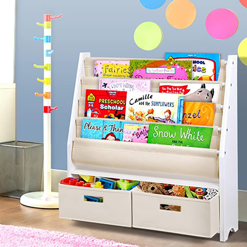 Keezi Kids Bookshelf, 4 Tiers Storage Book Shelf Bookshelves Corner Wall Toy Bookcase Rotating Display Shelves Home Living Room Bedroom Kindergarten Furniture, Safe Rounded Edges White