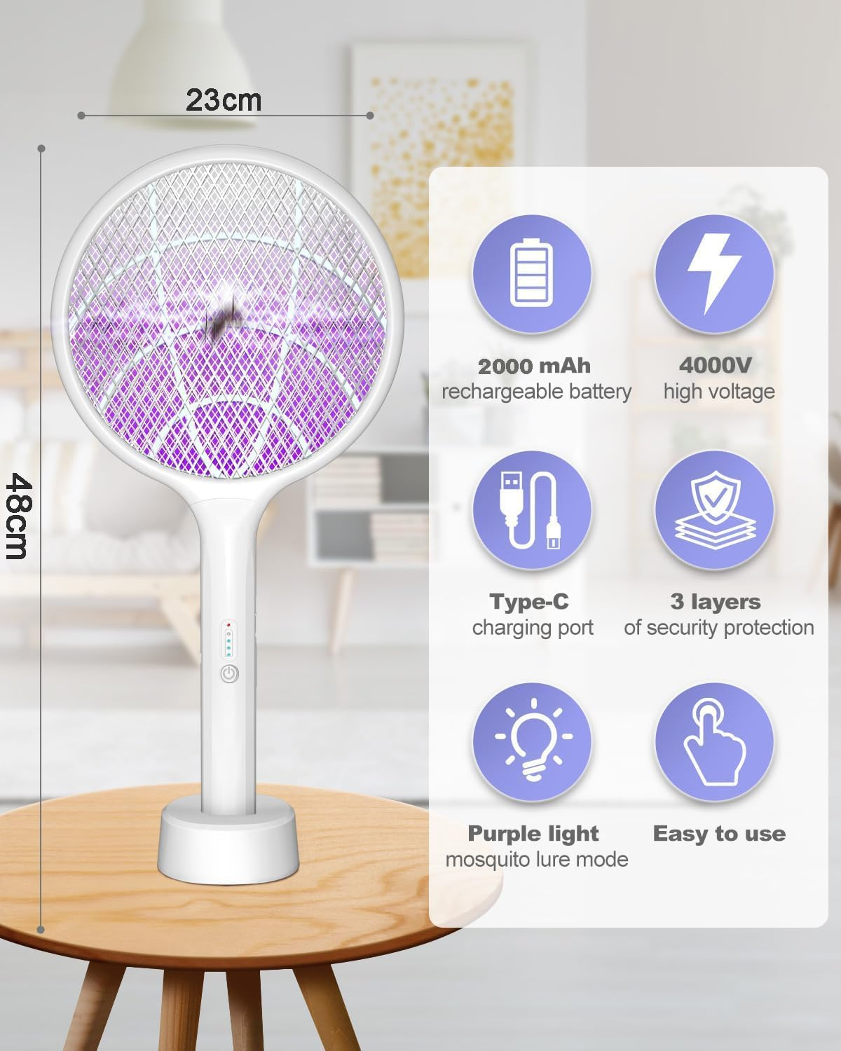 Electric Fly Swatter 4000V Bug Zapper Racket 2 in 1 Fly Swatter with 2000Mah Battery Rechargeable Mosquito Killer Lamp with 3 Layers Safety Mesh for Indoor and Outdoor image number 1