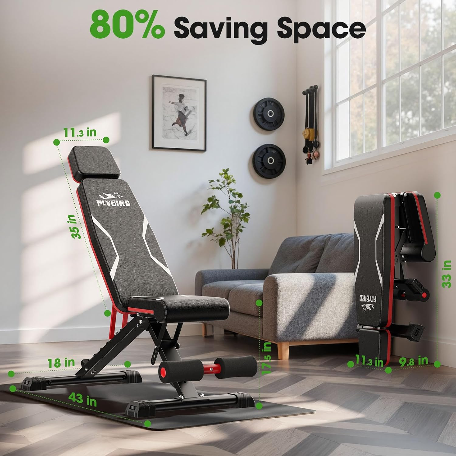 FLYBIRD Adjustable Weight Bench with Headrest, Foldable Workout Bench for Home Gym, Fit Users up to 6'5'', 750LBS Weight Capacity Exercise Bench -FBHR24 image number 2