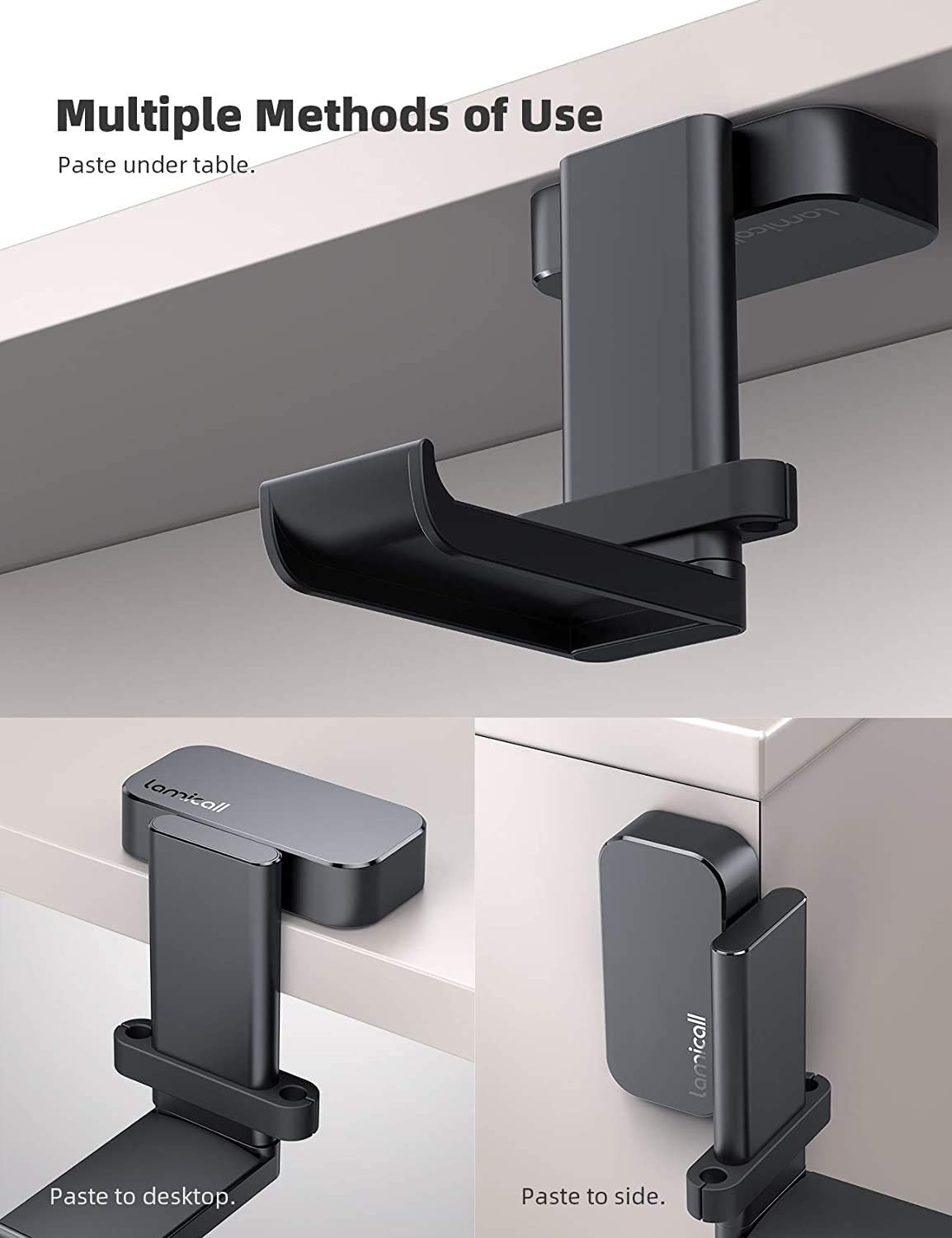 Lamicall Headphone Stand, Headset Hanger - 360 Degree Rotation Earphone Adhesive Hook Holder Mount, Table Headphone Stand with Cable Organizer, Gaming Headset Clamp-Black