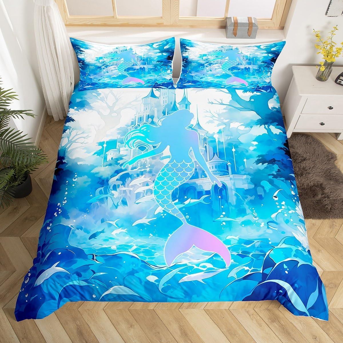 Mermaid Scale Kids Duvet Cover Set Twin Size,Watercolor Fish Castle Plants Bedding Set,Girls Women Room Decor,Cartoon Seaweed Marine Life Comforter Cover,Blue Romantic Quilt Cover,1 Pillowcase