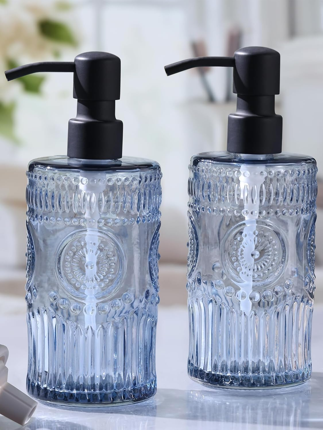 17 OZ Amber Glass Soap Dispenser with Black Stainless Steel Pump, Sunflower Embossed Glass Soap and Lotion Dispenser Set, Liquid Hand Soap Dispenser for Kitchen & Bathroom (2 Pack)