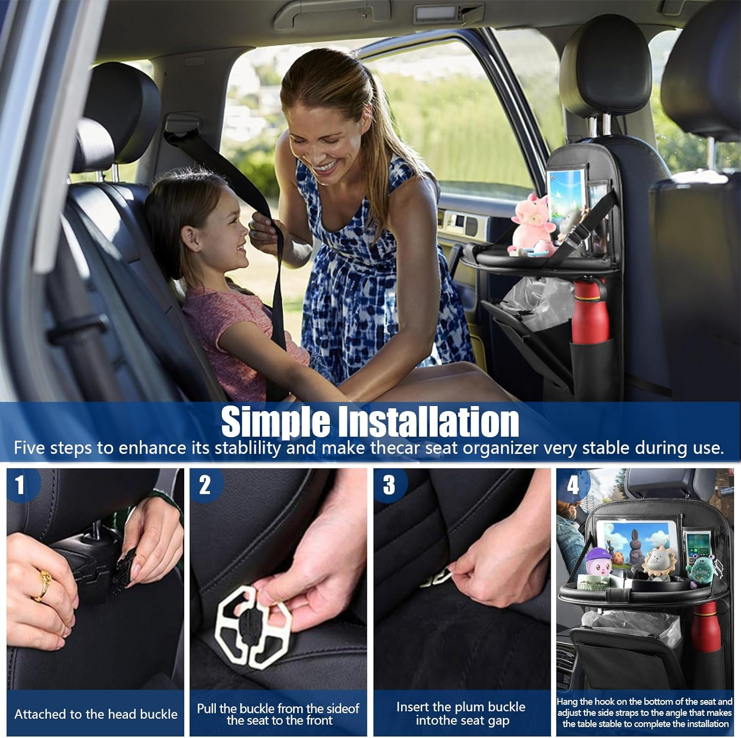 Car Back Seat Organizer with Tray, PU Leathr Backseat Table Holder Storage Bag for Kids Travel Trip, Universal Foldable Seat Back Kick Mat Playmat Stand for Toys, Book, Food, Ipad, Tissue,Etc image number 3