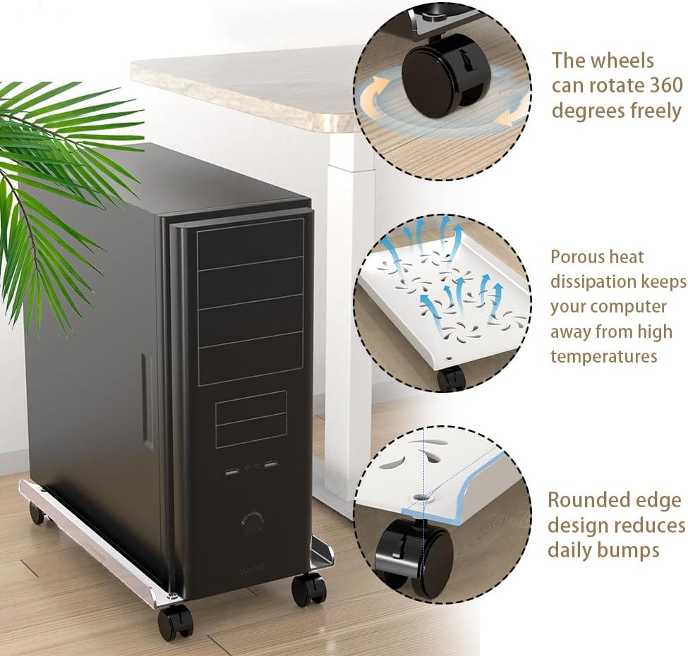Computer Tower Heavy-Duty CPU Stand Cart with Four Wheels Rolling Monitor Support Mobile PC Holder Desk Accessories (White) - Black image number 7