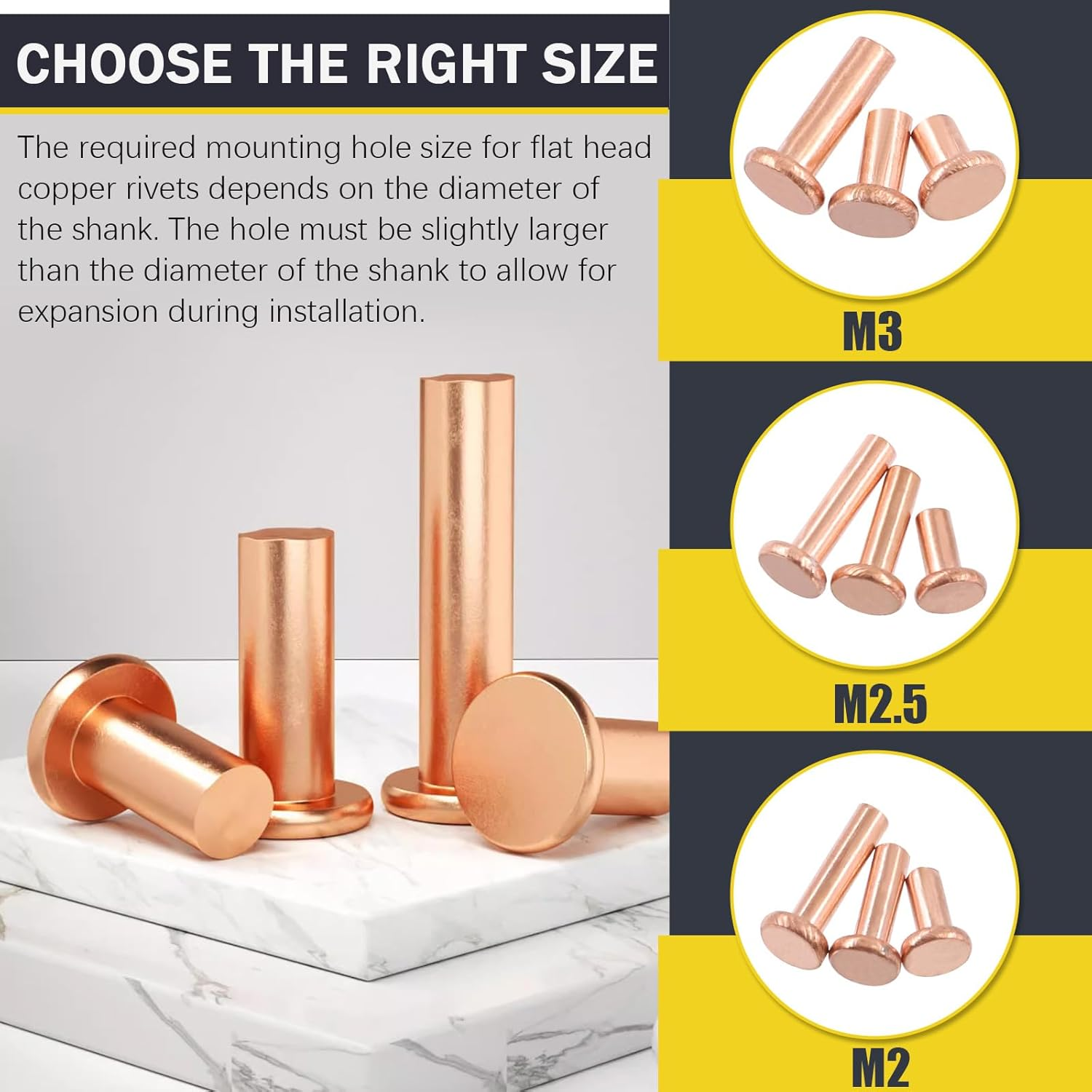 Mardatt 270Pcs Flat Head Copper Solid Rivets Kit, M2 M2.5 M3 Solid Copper Rivets Fasteners, Flat Head Rivets Solid Copper Rivets for Electrical Applications, Leather Working Supplies image number 3