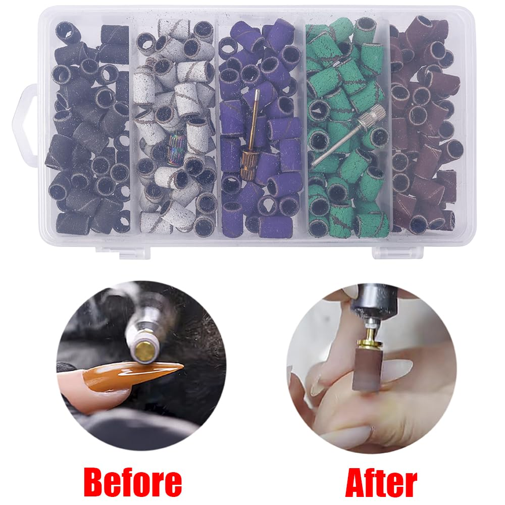 Yakamoz 250Pcs Sanding Bands for Drill Nail, 5 Colors Sanding Bands #80#120#180#240 with 3 Mandrel Bits for Acrylic Nails Manicures Pedicures