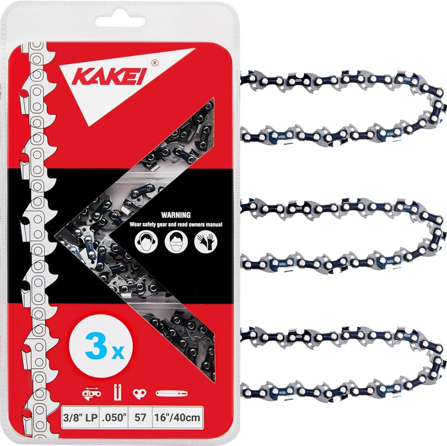KAKEI Echo Chainsaw Chain 16 Inch 3/8" LP Pitch .050" Gauge 57 Drive Links- 91PX57CQ/ 91VG57CQ Fits Echo CS-3510/352/3400/400, Worx WG300,WG303 - S57 (3 Chains) image number 3